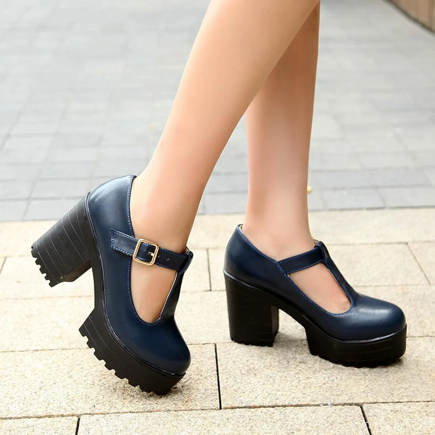 Women's Classic Platform Oxford Pumps T-Strap Chunky High Heel Fashion PU Leather Round Toe Dress Shoes