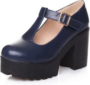 Women's Classic Platform Oxford Pumps T-Strap Chunky High Heel Fashion PU Leather Round Toe Dress Shoes
