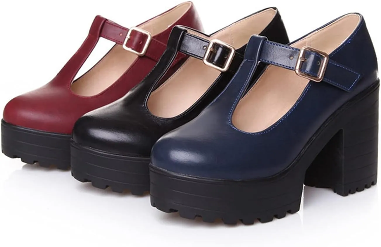 Women's Classic Platform Oxford Pumps T-Strap Chunky High Heel Fashion PU Leather Round Toe Dress Shoes