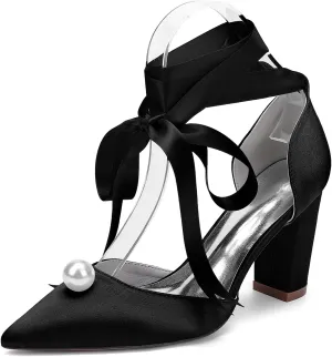 Women's Closed Pointed Toe Wedding Shoes High Chunky Heel Pumps with Pearls Ribbon Tie Satin Slip on Bridal Business Dressy Shoes