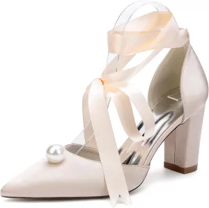 Women's Closed Pointed Toe Wedding Shoes High Chunky Heel Pumps with Pearls Ribbon Tie Satin Slip on Bridal Business Dressy Shoes
