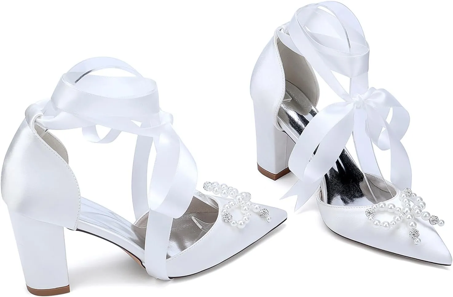 Women's Closed Toe Satin Wedding Shoes for Bride Block Heel Slip-on White Pearls Cross Strap Prom Evening Dress Pumps
