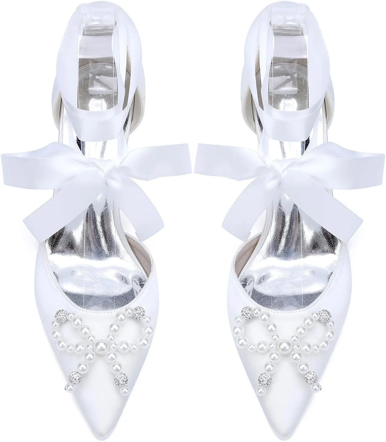 Women's Closed Toe Satin Wedding Shoes for Bride Block Heel Slip-on White Pearls Cross Strap Prom Evening Dress Pumps