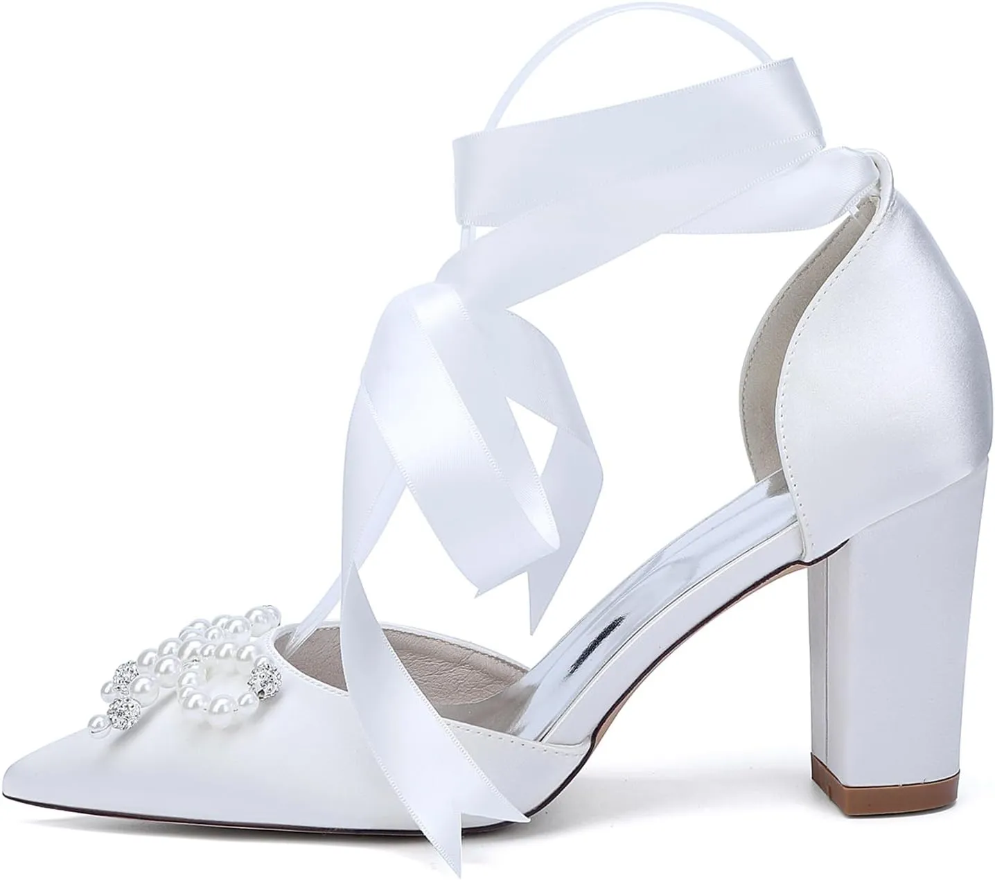 Women's Closed Toe Satin Wedding Shoes for Bride Block Heel Slip-on White Pearls Cross Strap Prom Evening Dress Pumps