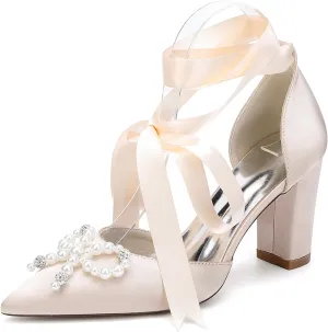 Women's Closed Toe Satin Wedding Shoes for Bride Block Heel Slip-on White Pearls Cross Strap Prom Evening Dress Pumps