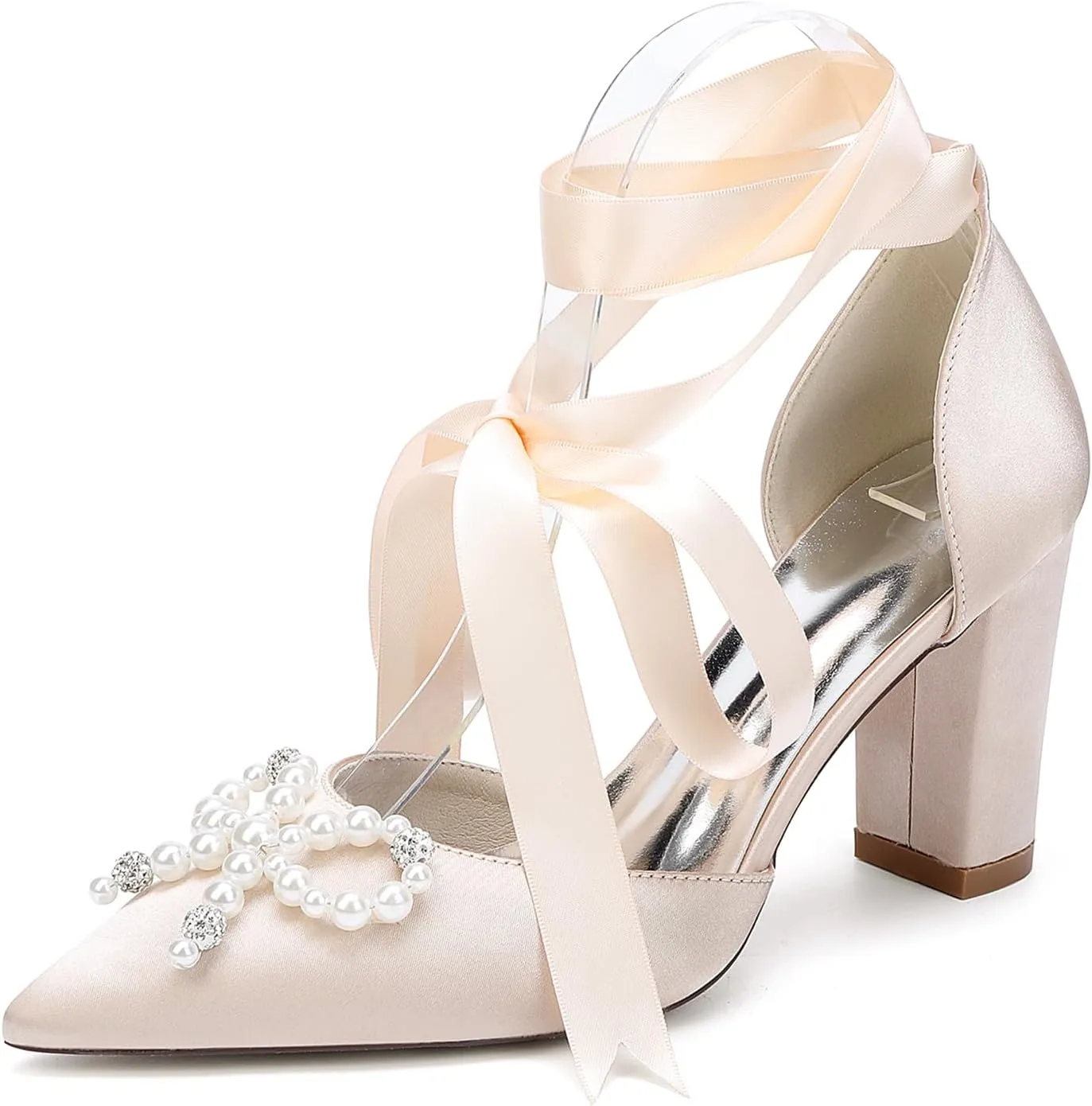 Women's Closed Toe Satin Wedding Shoes for Bride Block Heel Slip-on White Pearls Cross Strap Prom Evening Dress Pumps