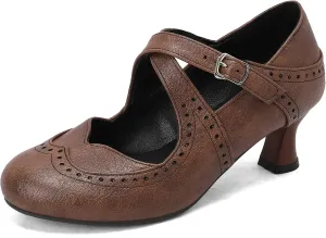 Women's Criss Cross Vintage Wingtip Oxfords Ankle Strap Cut Out Low Heel Brogue for Women
