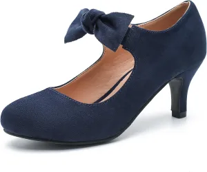 Women's Cute Bow Heels Mary Jane Kitten Heel Pumps Closed Round Toe Low Heels Ankle Strap Wedding Evening Party Dress Office Work Church Shoes