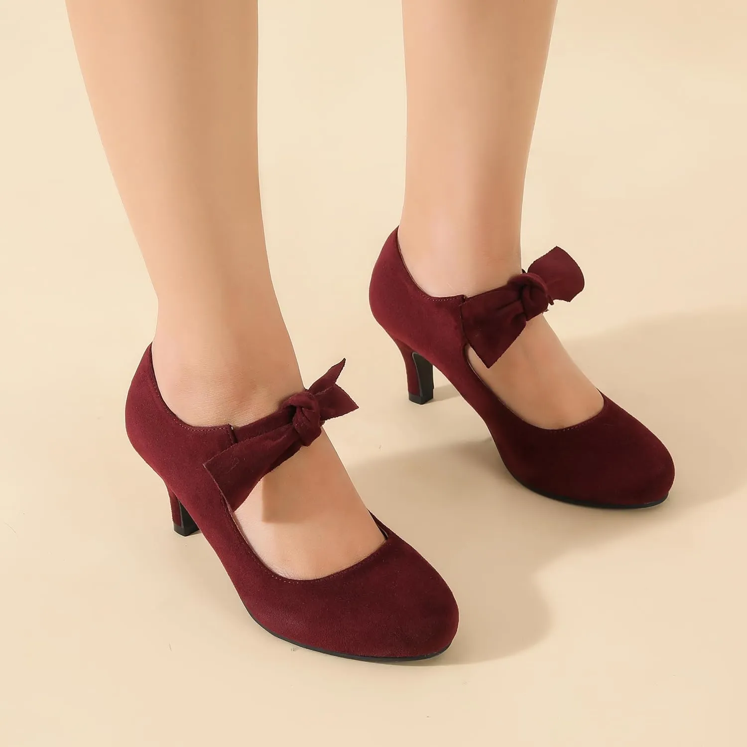 Women's Cute Bow Heels Mary Jane Kitten Heel Pumps Closed Round Toe Low Heels Ankle Strap Wedding Evening Party Dress Office Work Church Shoes