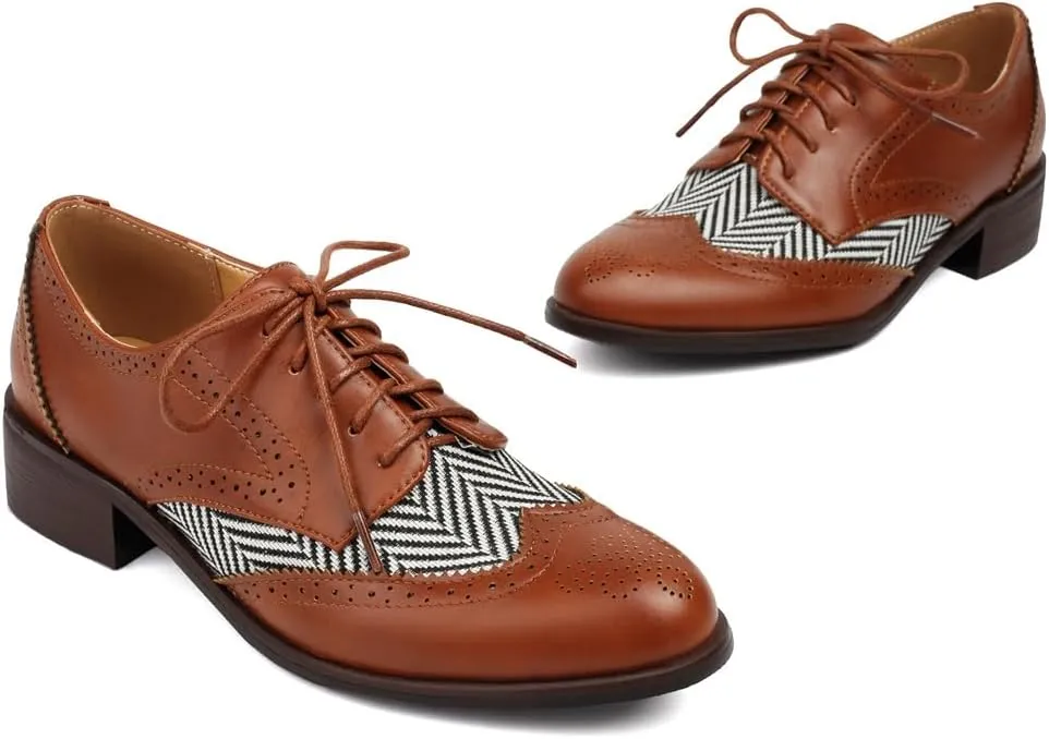 Women's Flat Low Heel Saddle Oxford Shoes Two Toned Wingtip Perforated Lace Up School Uniform Oxfords Brogues