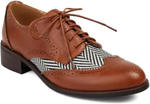 Women's Flat Low Heel Saddle Oxford Shoes Two Toned Wingtip Perforated Lace Up School Uniform Oxfords Brogues