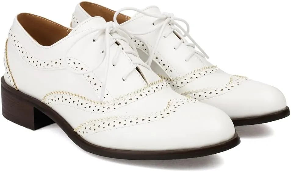Women's Flat Saddle Oxford Shoes Round Toe Wingtip Lace Up Low Heel Perforated School Uniform Oxfords Brogues