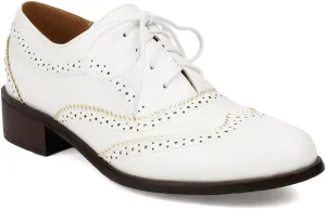 Women's Flat Saddle Oxford Shoes Round Toe Wingtip Lace Up Low Heel Perforated School Uniform Oxfords Brogues