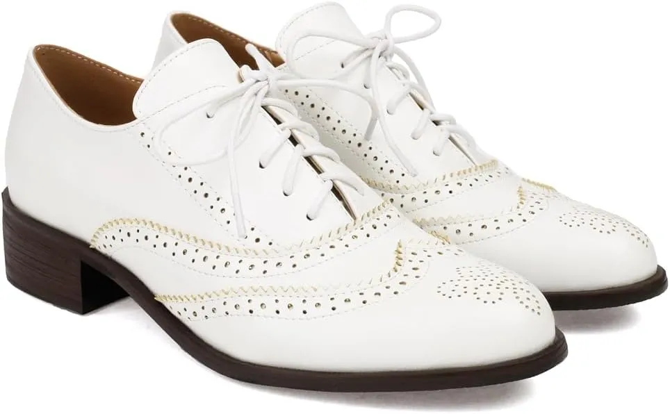 Women's Flat Saddle Oxford Shoes Round Toe Wingtip Perforated Lace Up Low Heel School Uniform Oxfords Brogues
