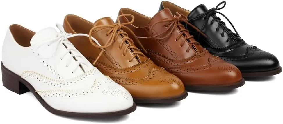 Women's Flat Saddle Oxford Shoes Round Toe Wingtip Perforated Lace Up Low Heel School Uniform Oxfords Brogues