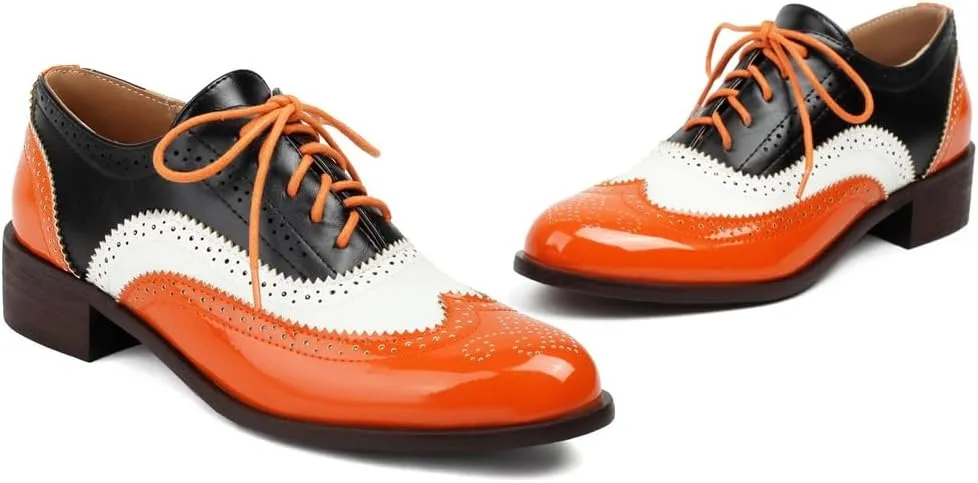 Women's Flat Saddle Oxford Shoes Two Toned Round Toe Wingtip Lace Up Perforated Low Heel School Oxfords Brogues