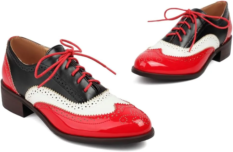 Women's Flat Saddle Oxford Shoes Two Toned Wingtip Perforated Lace Up Low Heel School Uniform Oxfords Brogues
