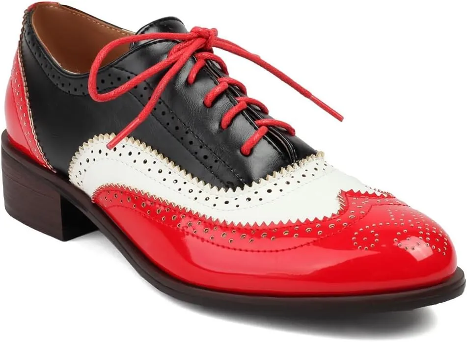 Women's Flat Saddle Oxford Shoes Two Toned Wingtip Perforated Lace Up Low Heel School Uniform Oxfords Brogues