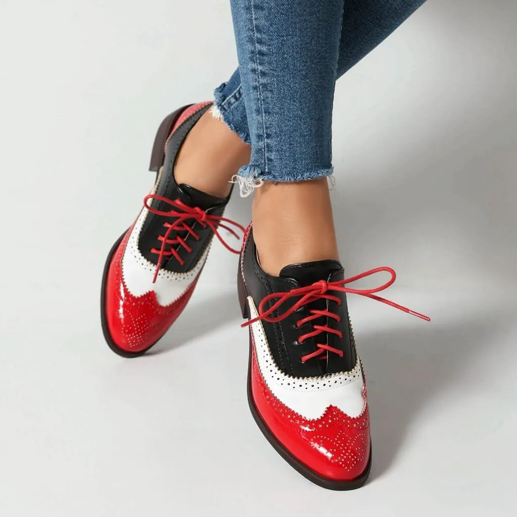 Women's Flat Saddle Oxford Shoes Two Toned Wingtip Perforated Lace Up Low Heel School Uniform Oxfords Brogues