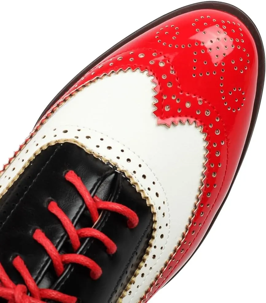 Women's Flat Saddle Oxford Shoes Two Toned Wingtip Perforated Lace Up Low Heel School Uniform Oxfords Brogues