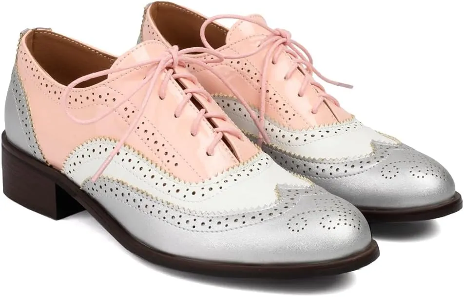Women's Flat Saddle Oxford Shoes Two Toned Wingtip Perforated Lace Up Low Heel School Uniform Oxfords Brogues