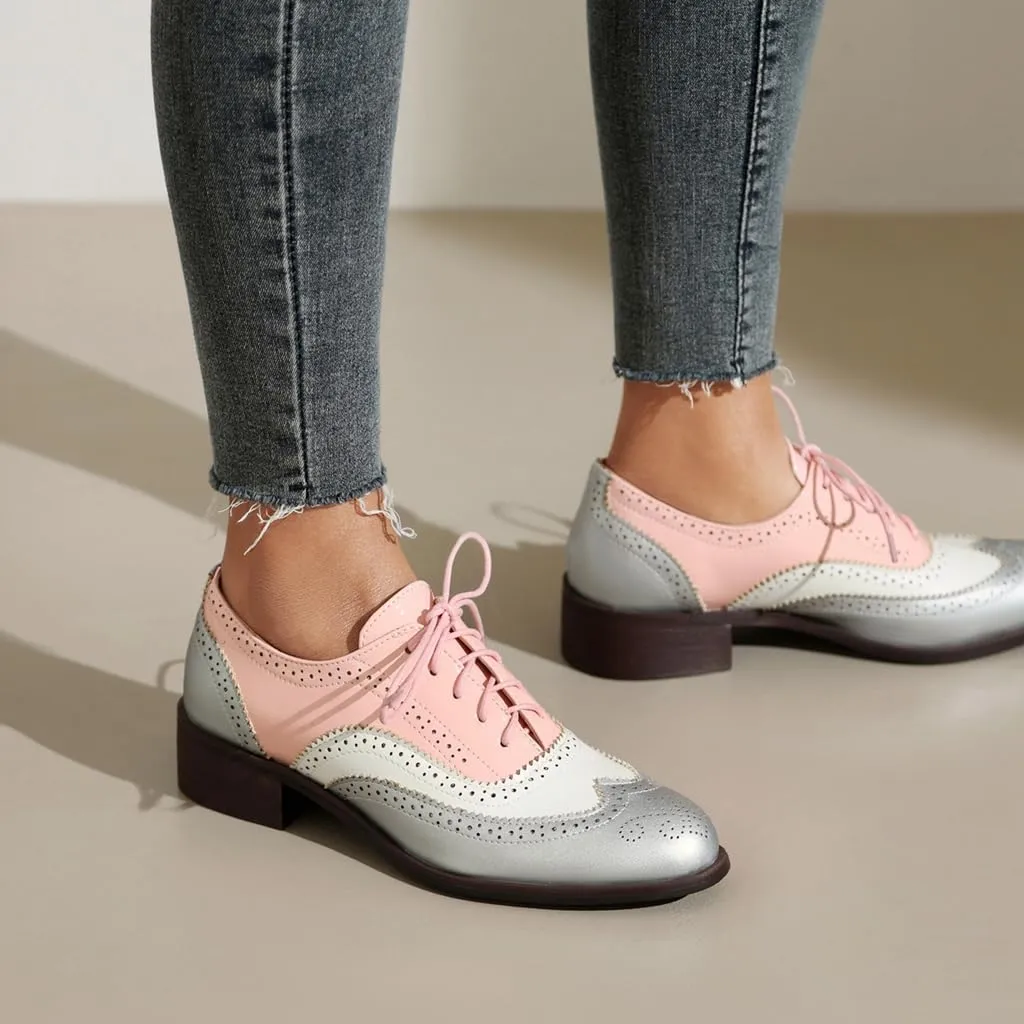 Women's Flat Saddle Oxford Shoes Two Toned Wingtip Perforated Lace Up Low Heel School Uniform Oxfords Brogues