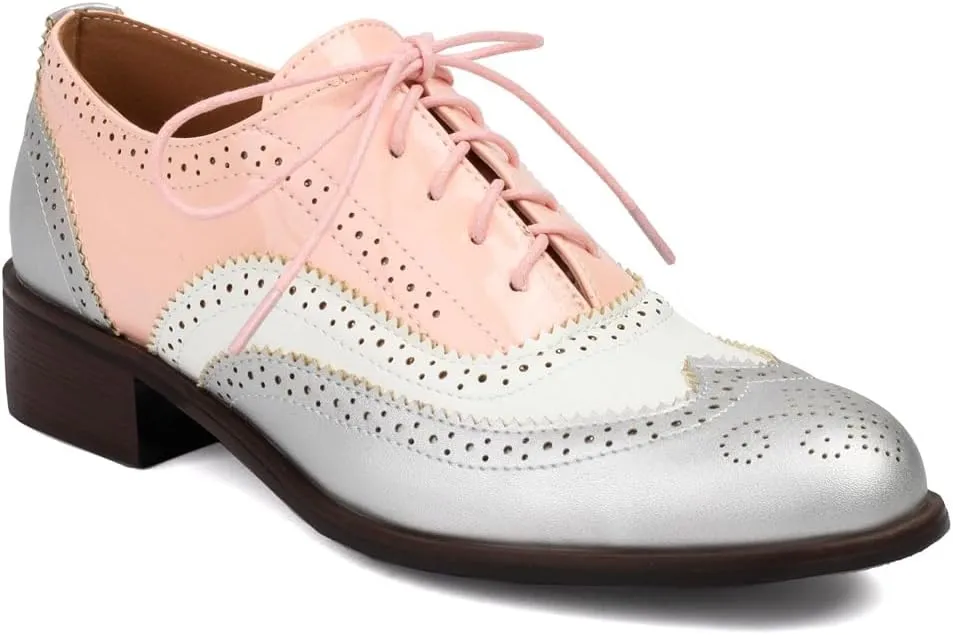 Women's Flat Saddle Oxford Shoes Two Toned Wingtip Perforated Lace Up Low Heel School Uniform Oxfords Brogues