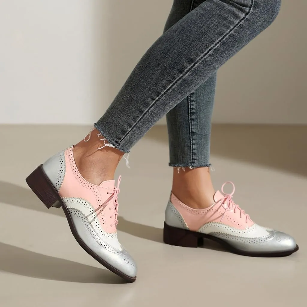 Women's Flat Saddle Oxford Shoes Two Toned Wingtip Perforated Lace Up Low Heel School Uniform Oxfords Brogues