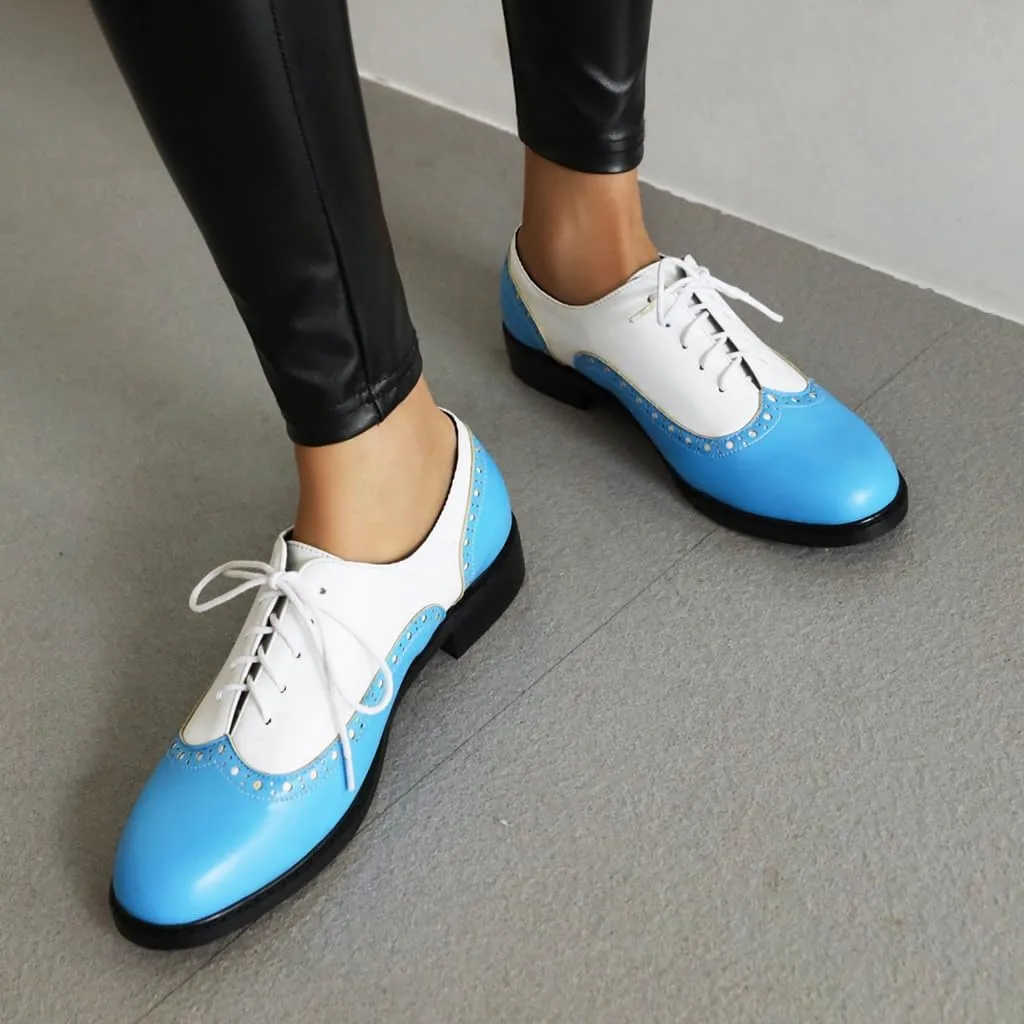Women's Flat Saddle Oxford Shoes Two Toned Wingtip Perforated Lace Up School Uniform Oxfords Brogues