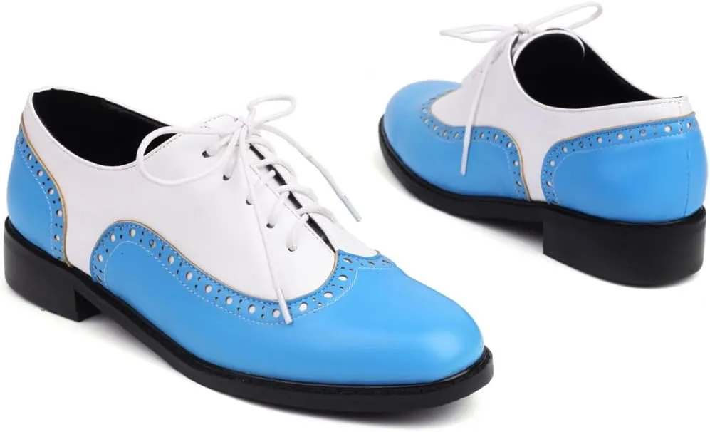 Women's Flat Saddle Oxford Shoes Two Toned Wingtip Perforated Lace Up School Uniform Oxfords Brogues