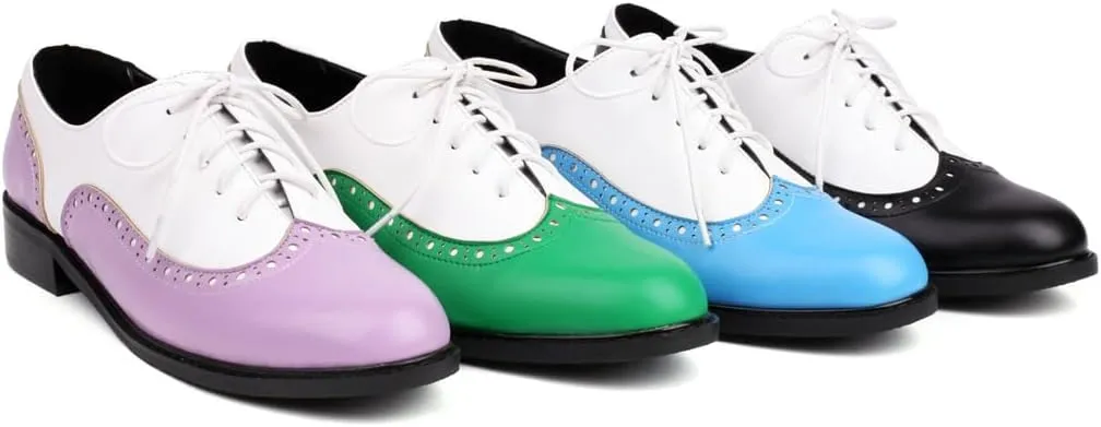 Women's Flat Saddle Oxford Shoes Two Toned Wingtip Perforated Lace Up School Uniform Oxfords Brogues