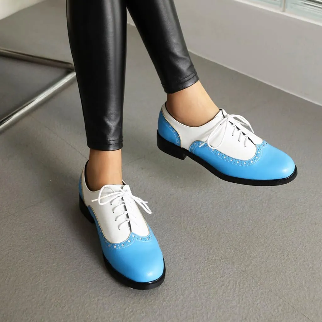 Women's Flat Saddle Oxford Shoes Two Toned Wingtip Perforated Lace Up School Uniform Oxfords Brogues