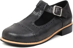 Women's Flat T-Strap Oxford Shoes Wingtip Perforated Vintage School Uniform Saddle Oxfords Brogues