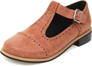 Women's Flat T-Strap Oxford Shoes Wingtip Perforated Vintage School Uniform Saddle Oxfords Brogues