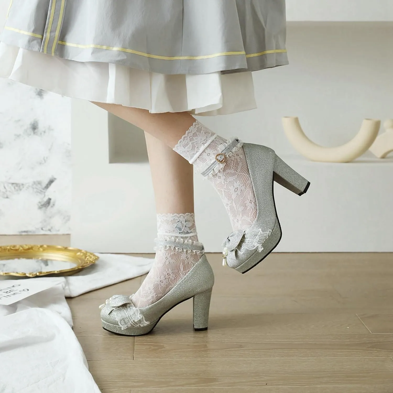 Women's Glitter Platform High Heel Pumps Sweet Bow Lace Round Toe Ankle Strap Fashion Lolita Shoes