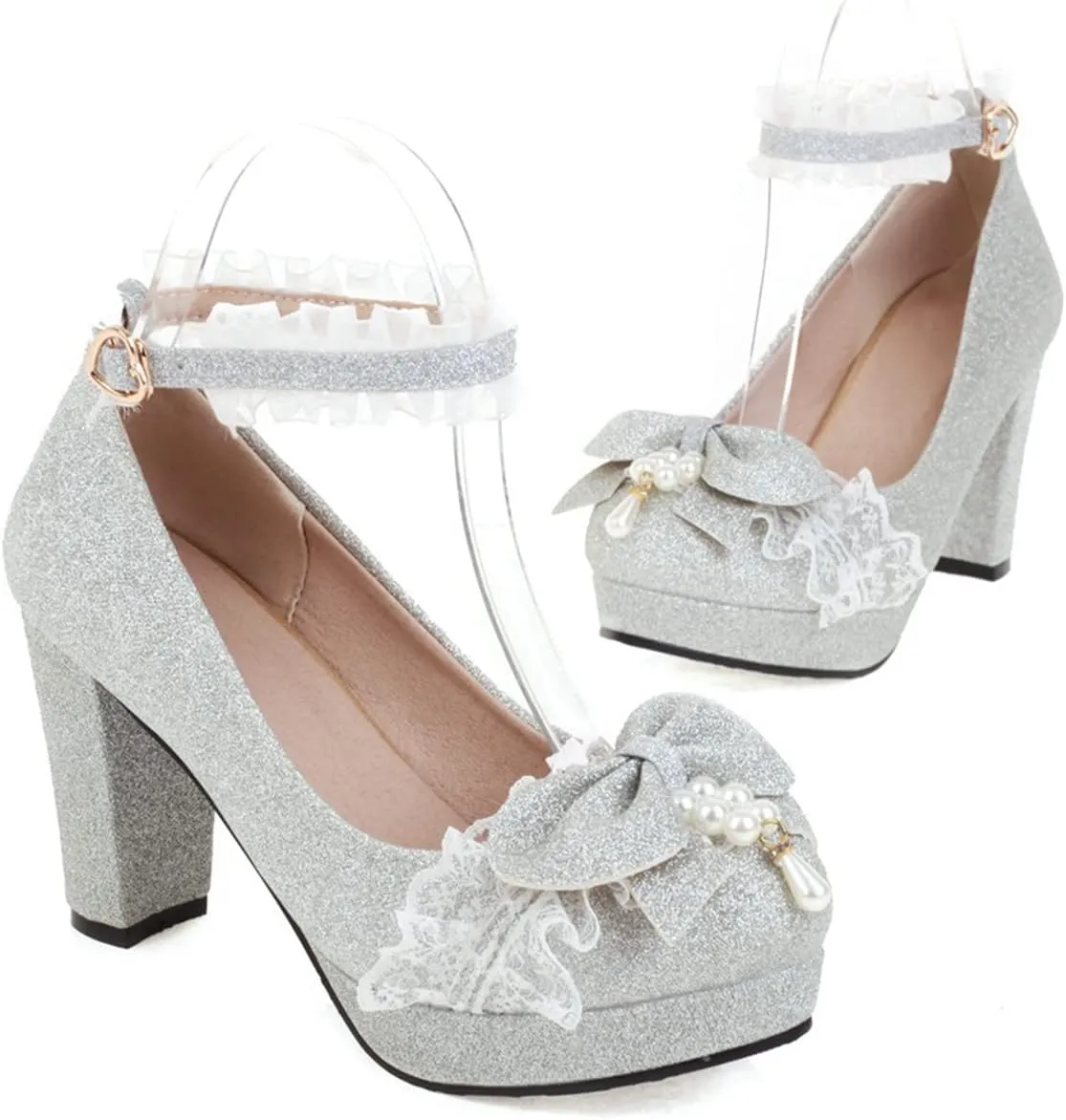 Women's Glitter Platform High Heel Pumps Sweet Bow Lace Round Toe Ankle Strap Fashion Lolita Shoes