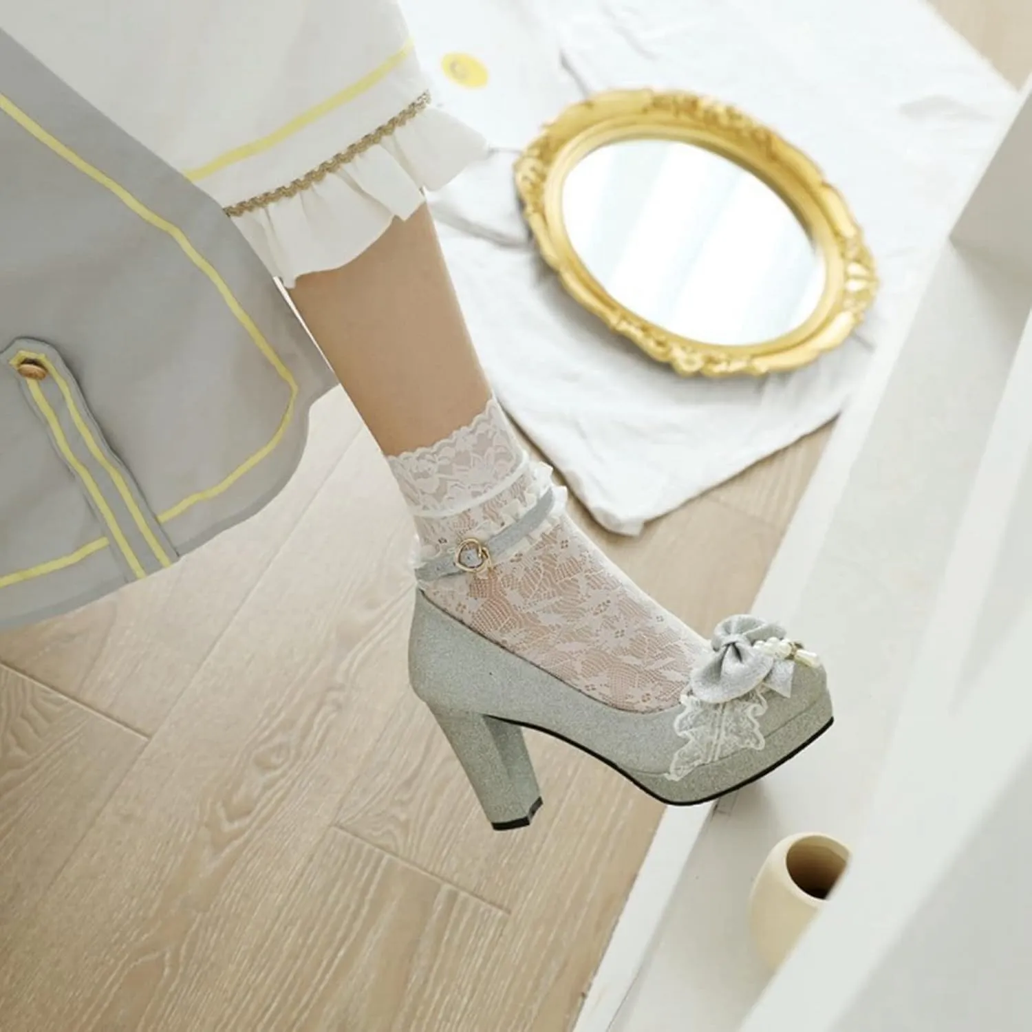 Women's Glitter Platform High Heel Pumps Sweet Bow Lace Round Toe Ankle Strap Fashion Lolita Shoes