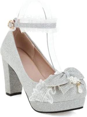 Women's Glitter Platform High Heel Pumps Sweet Bow Lace Round Toe Ankle Strap Fashion Lolita Shoes