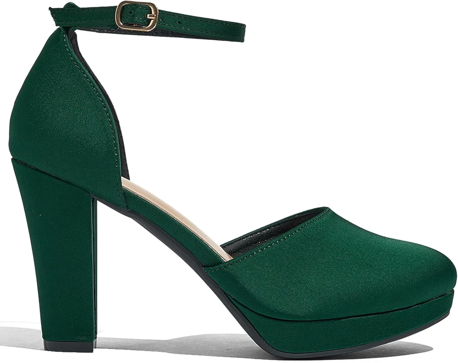 Women's High Block Heels Pumps Round Closed Toe Ankle Strap Dress Wedding Shoes