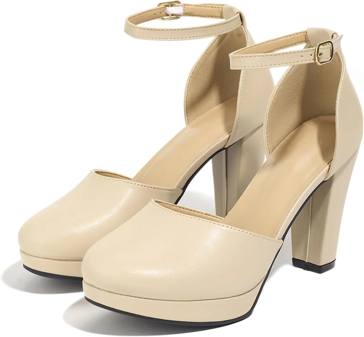 Women's High Block Heels Pumps Round Closed Toe Ankle Strap Dress Wedding Shoes