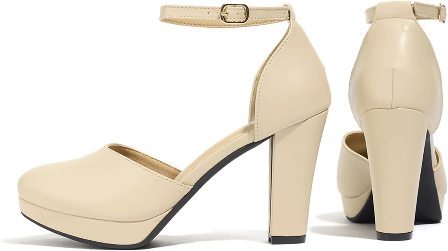 Women's High Block Heels Pumps Round Closed Toe Ankle Strap Dress Wedding Shoes