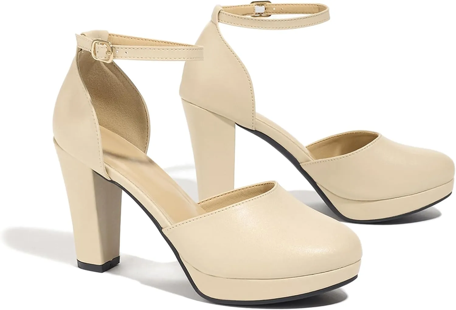 Women's High Block Heels Pumps Round Closed Toe Ankle Strap Dress Wedding Shoes
