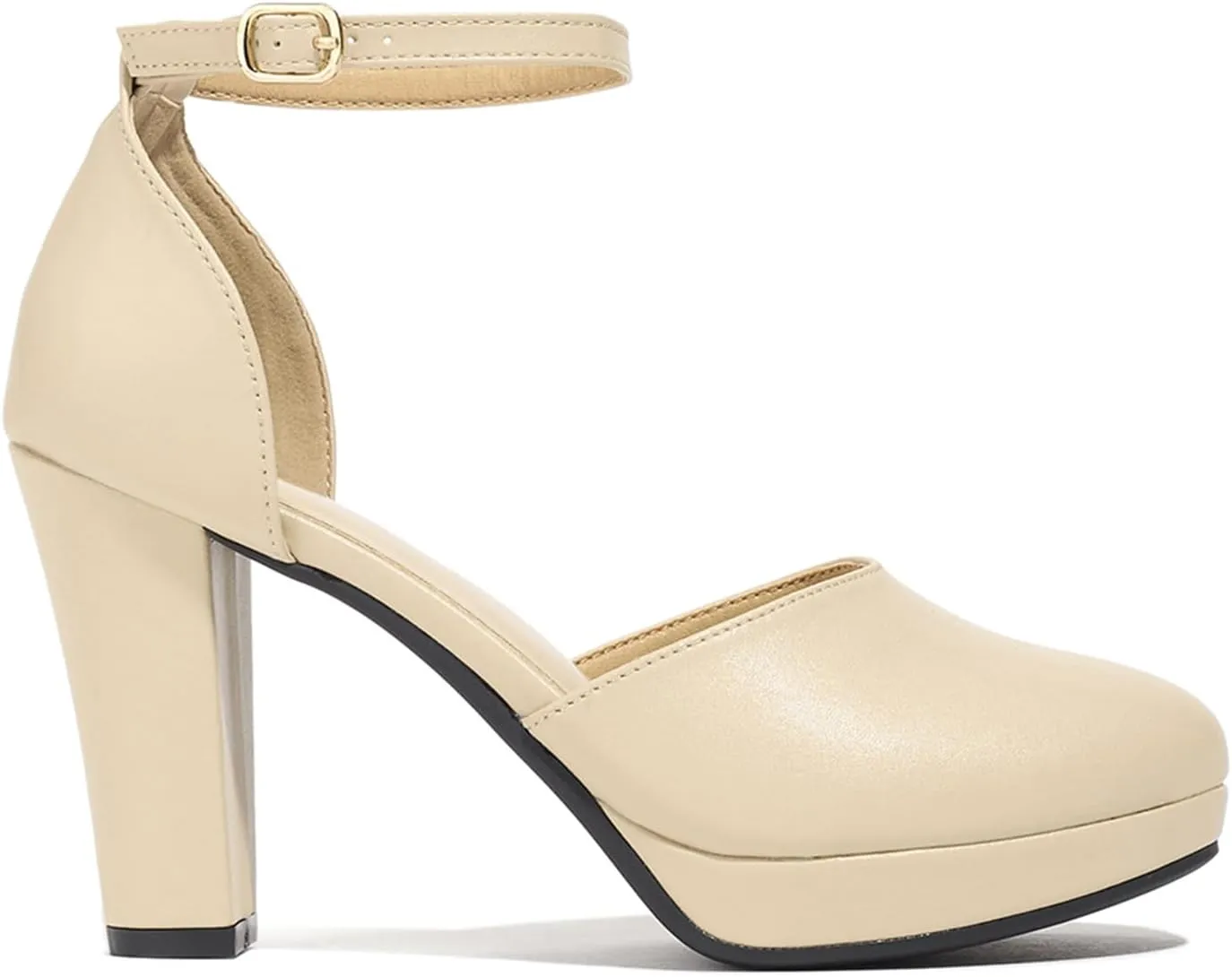 Women's High Block Heels Pumps Round Closed Toe Ankle Strap Dress Wedding Shoes