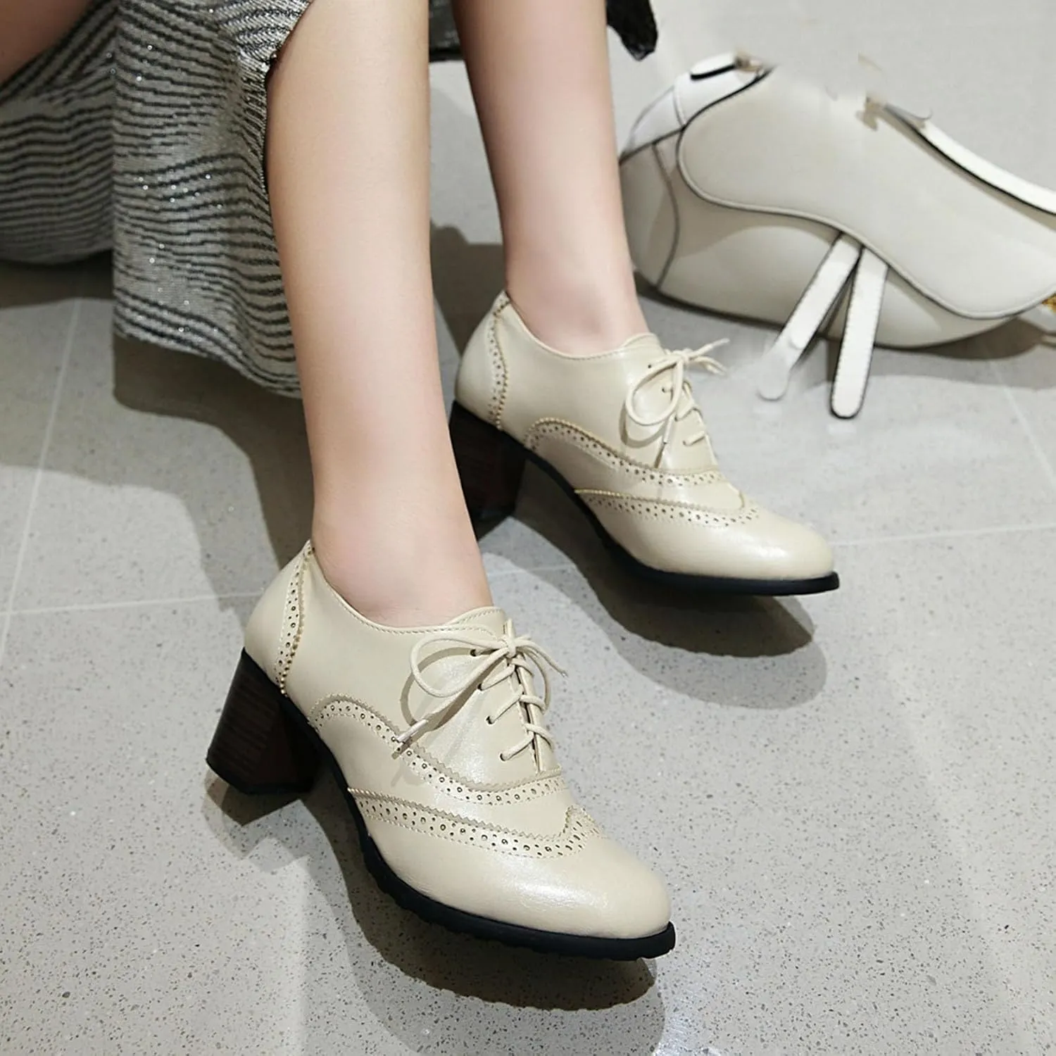Womens High Heel Pumps Lace Up Oxfords Brogues Shoes