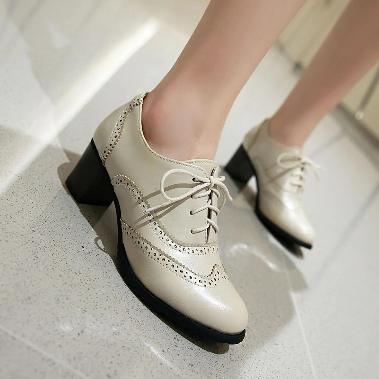 Womens High Heel Pumps Lace Up Oxfords Brogues Shoes