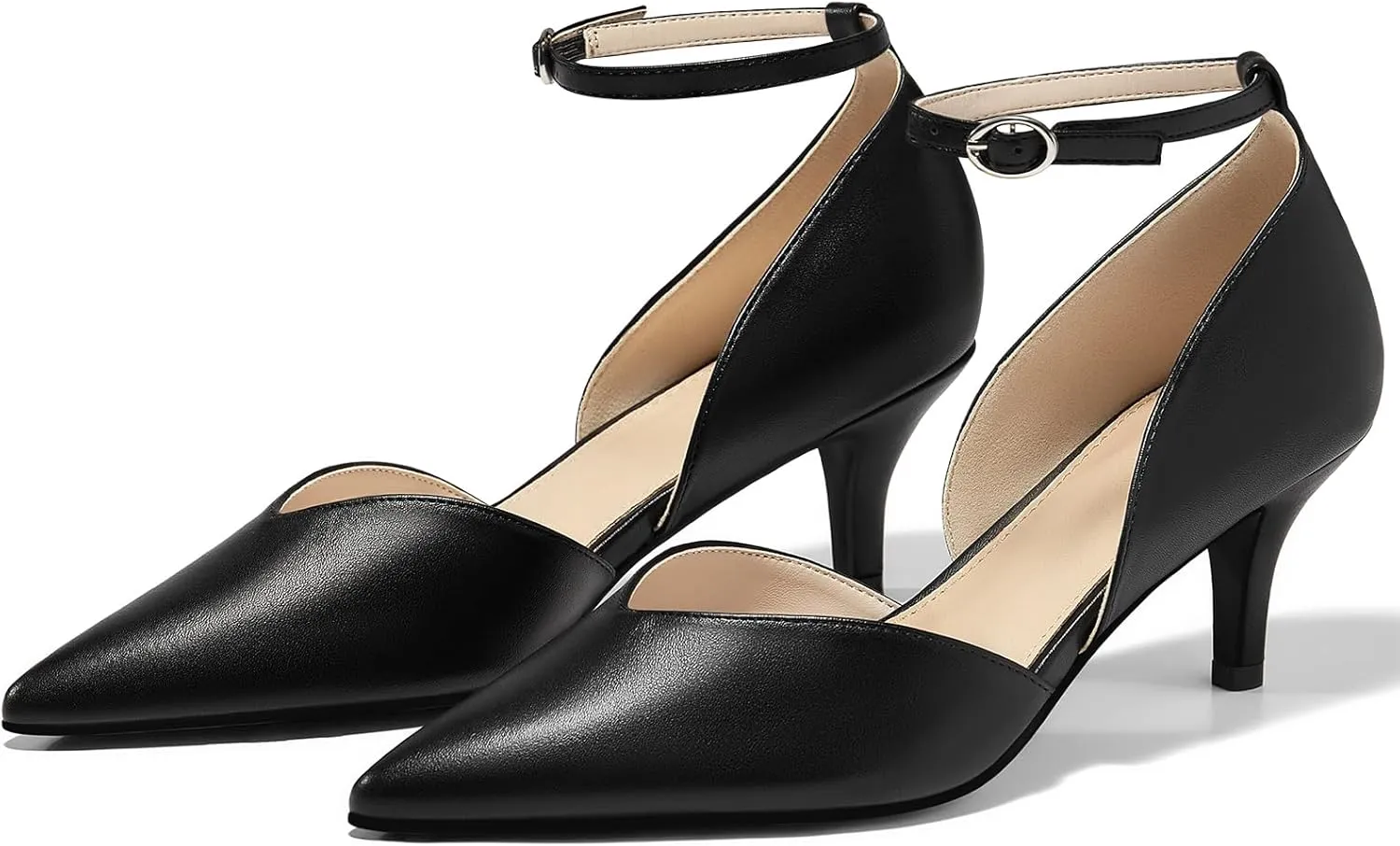 Womens Kitten Heels Comfortable Low Heel Dress Shoes Pointed Toe Ankle Strap Cutout D'Orsay Wedding Party Pumps