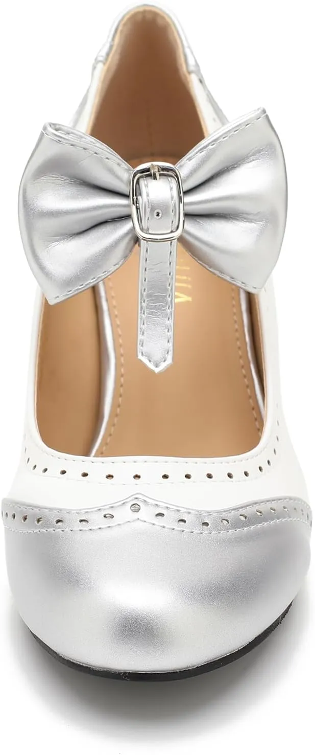 Women's Low Kitten Heels Mary Jane Pumps Comfortable Ankle Strap Bow Heels Dress Shoes Oxfords