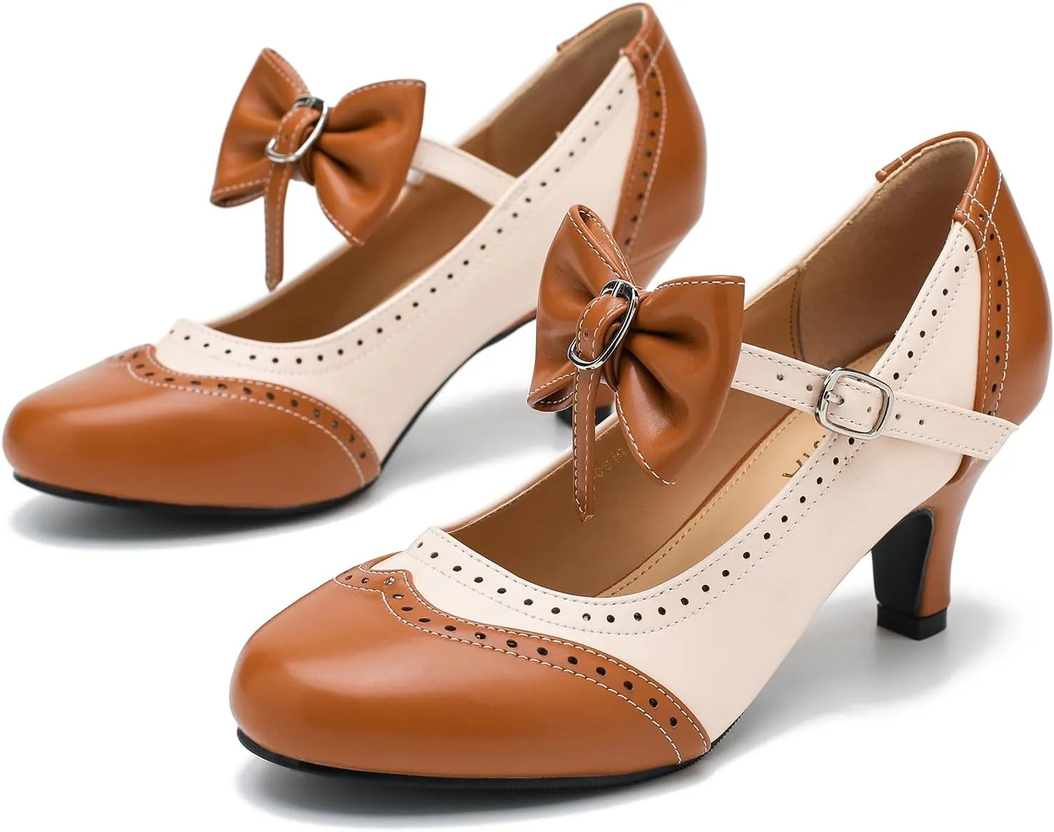 Women's Low Kitten Heels Mary Jane Pumps Comfortable Ankle Strap Bow Heels Dress Shoes Oxfords