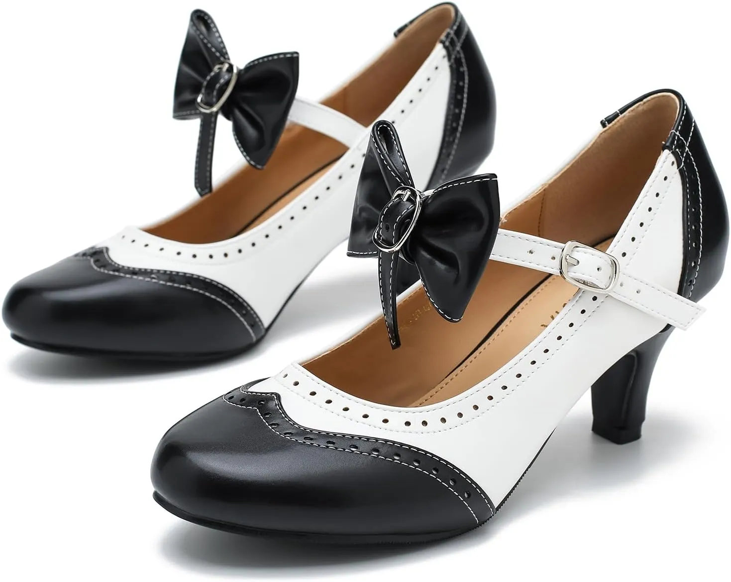 Women's Low Kitten Heels Mary Jane Pumps Comfortable Ankle Strap Bow Heels Dress Shoes Oxfords