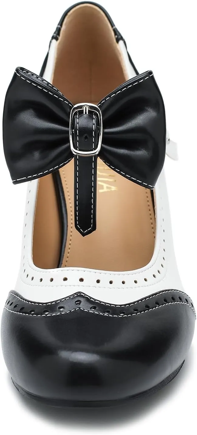 Women's Low Kitten Heels Mary Jane Pumps Comfortable Ankle Strap Bow Heels Dress Shoes Oxfords